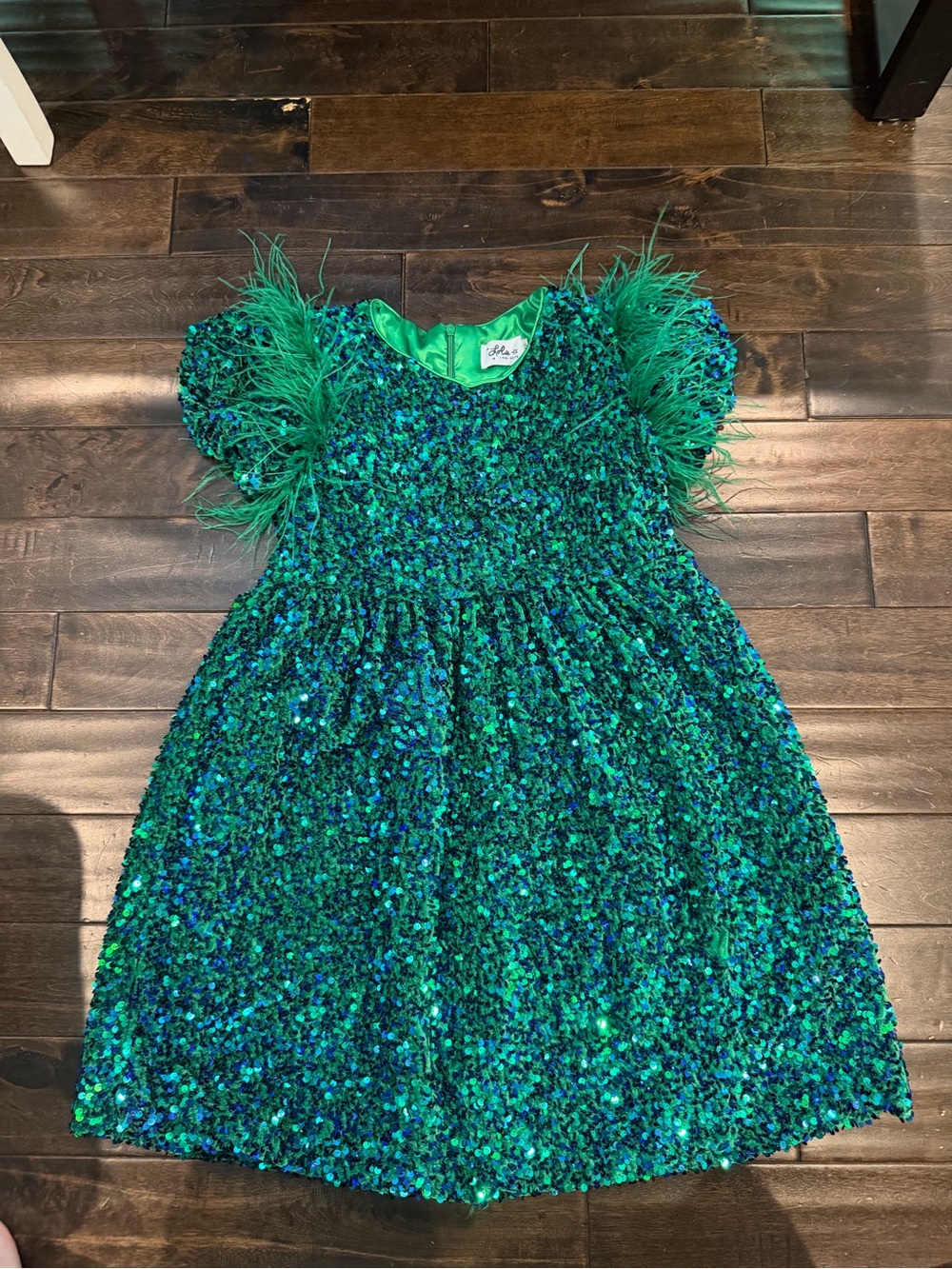 Lola + The Boys Green Sequin Dress with Feather Puff Sleeves